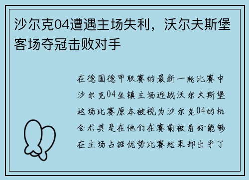 沙尔克04遭遇主场失利，沃尔夫斯堡客场夺冠击败对手